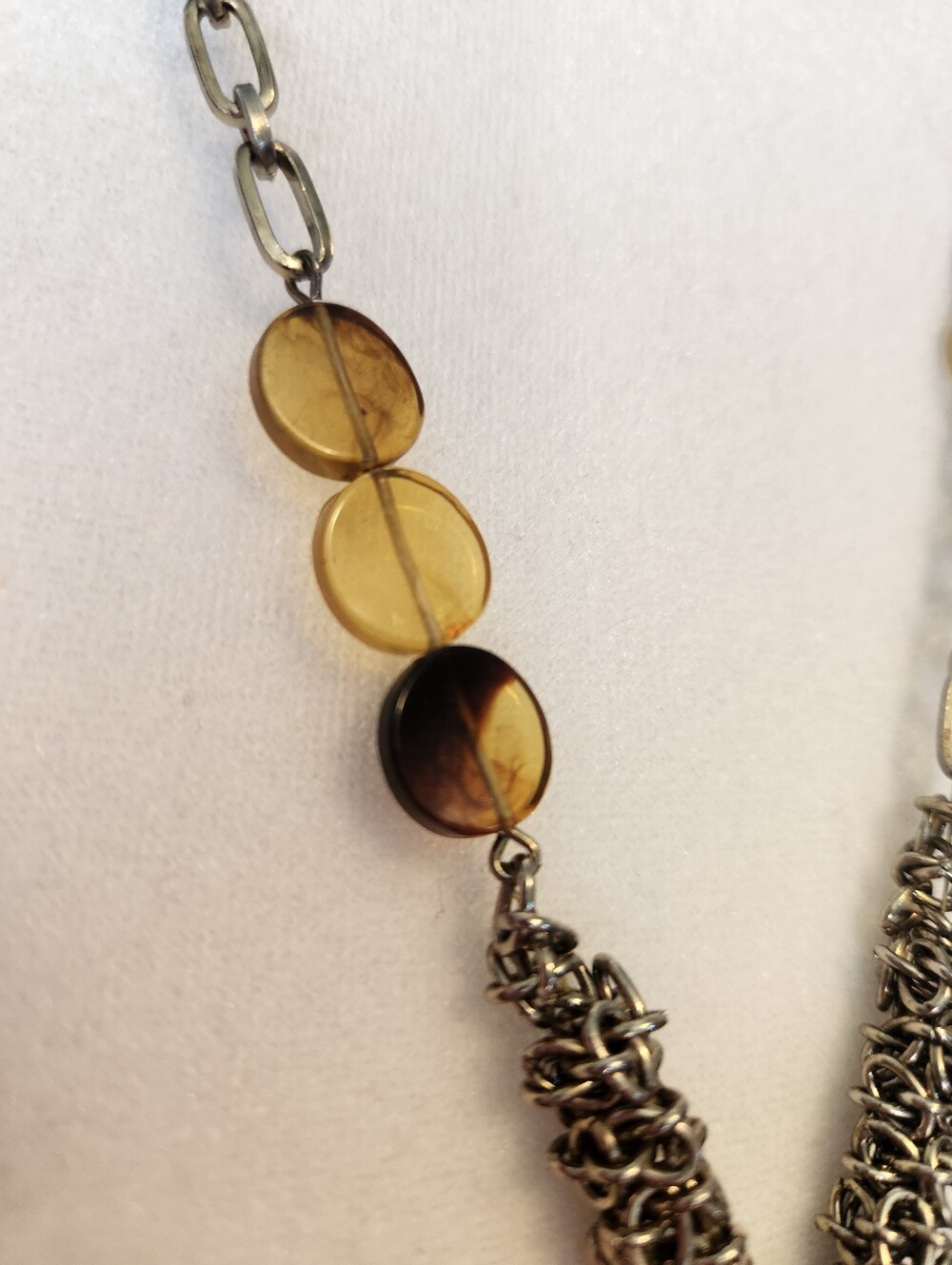 90s CHICO'S BOHO AMBER LUCITE MIXED METAL CHAIN STATEMENT TASSEL LONG NECKLACE - Picture 5 of 8